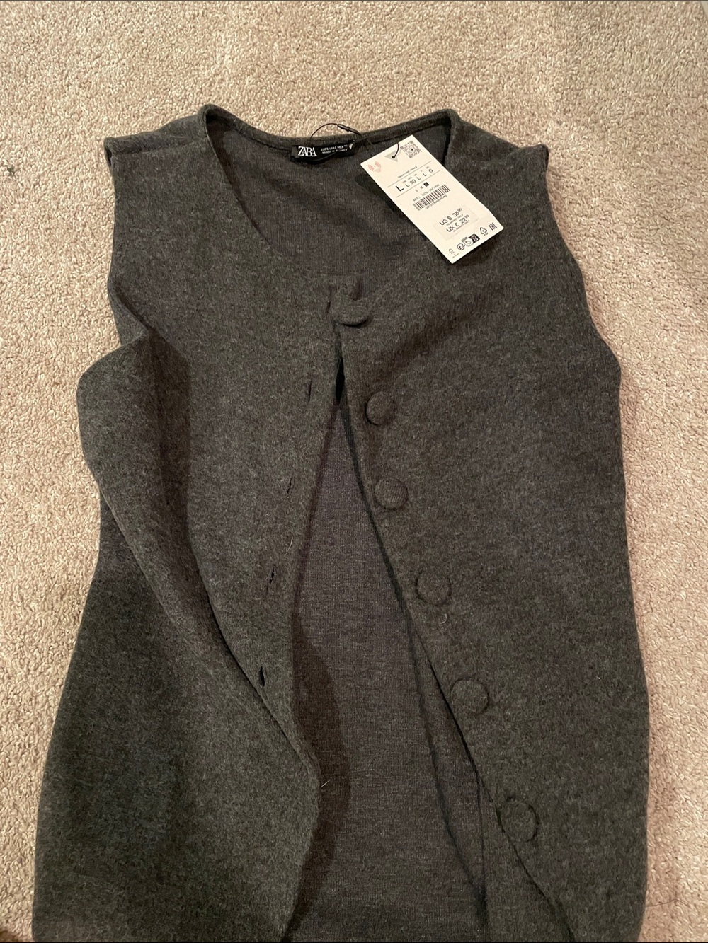 Zara Charcoal Gray Sleeveless Button-Up Knit Vest
